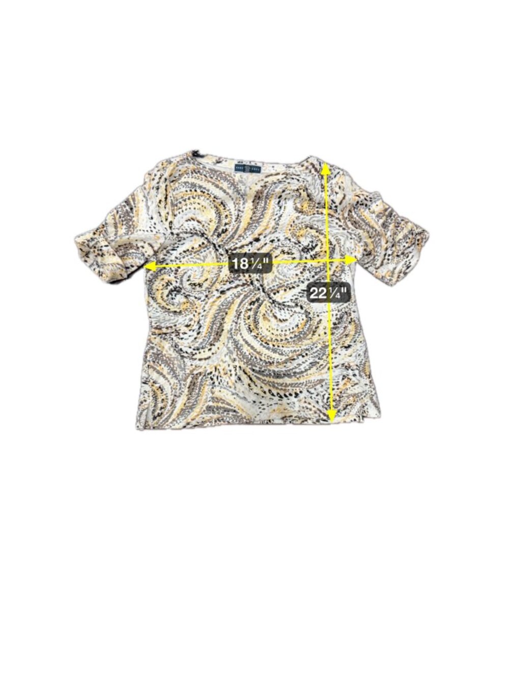 Karen Scott Swirl Print Top Yellow Brown Sz Large Cuffed Half Sleeve Mixed Print - Picture 6 of 9